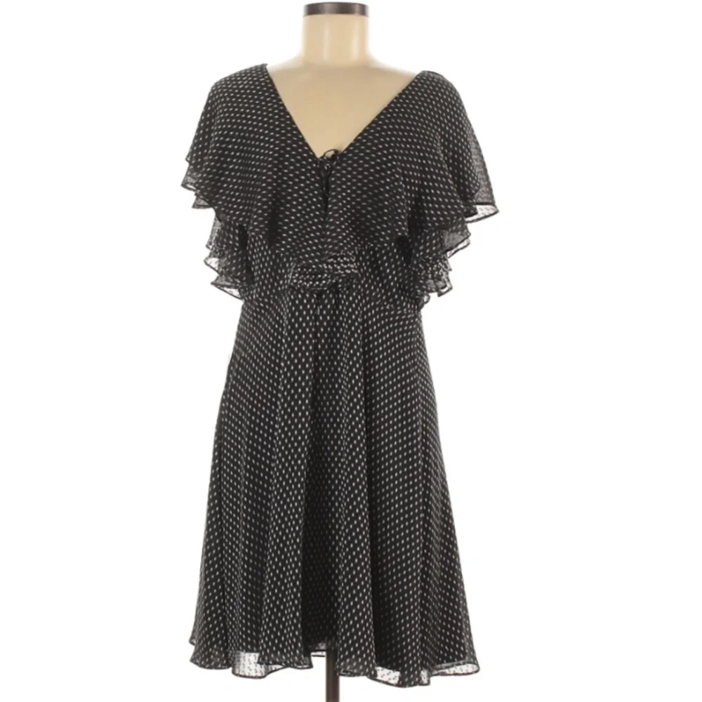 H by Halston Black and Gold Primrose Polka Dot Ruffle Short Sleeve Mini Dress 4